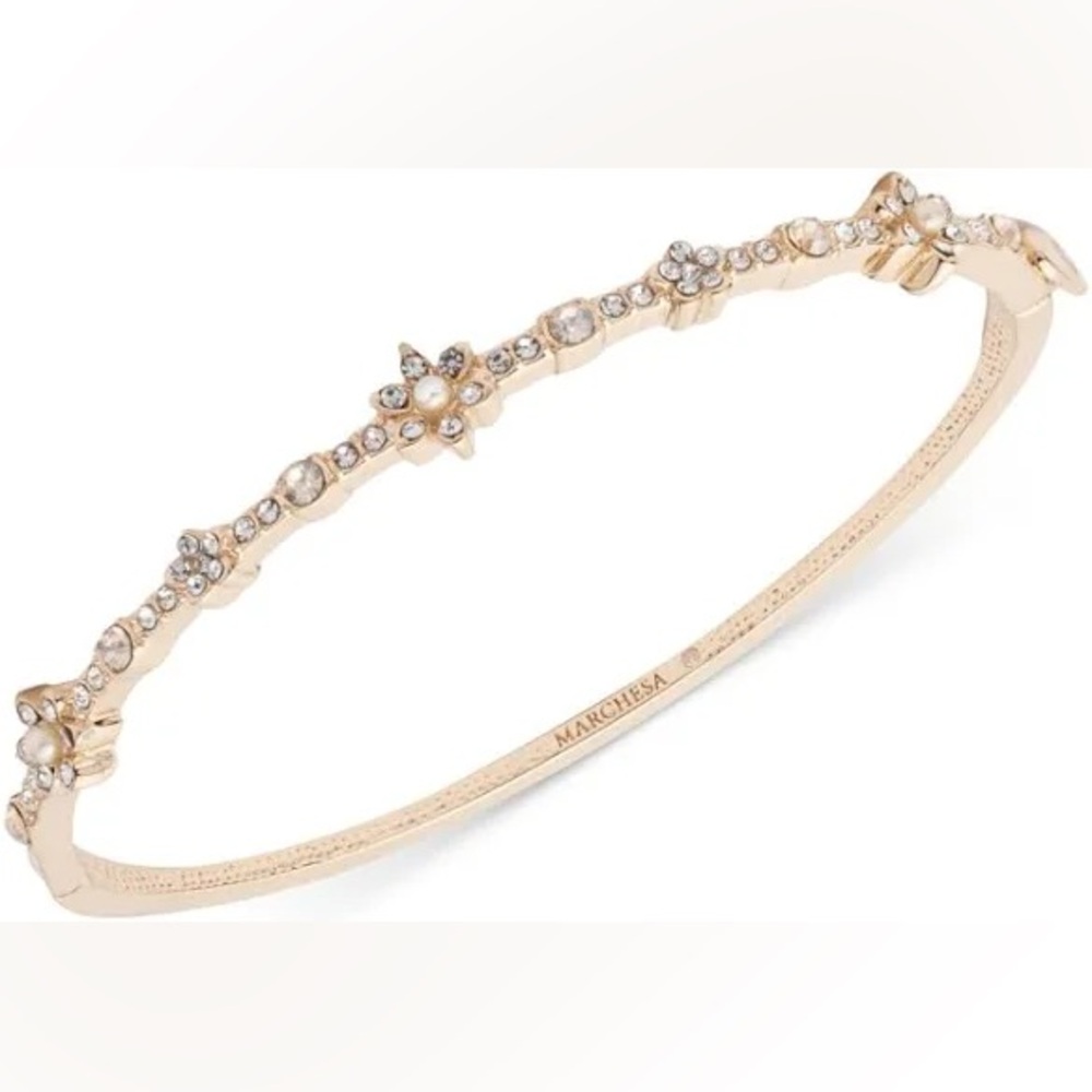 Marchesa Gold Floral Flower Bangle Bracelet Crystal Pearl Blooms New
